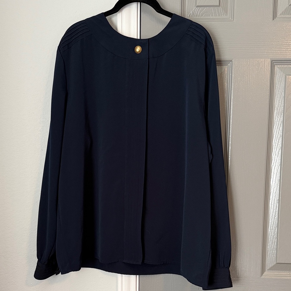 Vintage Talbots Plus Size Navy Blouse with Large Gold Buttons